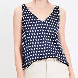 LOFT Dotted Satin Top Double V Tank Navy White Polka Dots Large